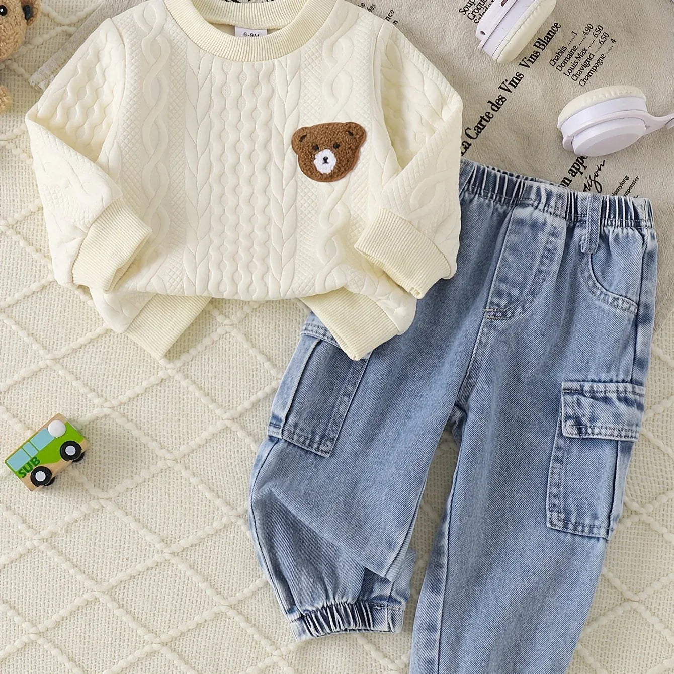 TEMU-2pcs Cute Set: Bear Patch Textured Round Neck - alotasawkli