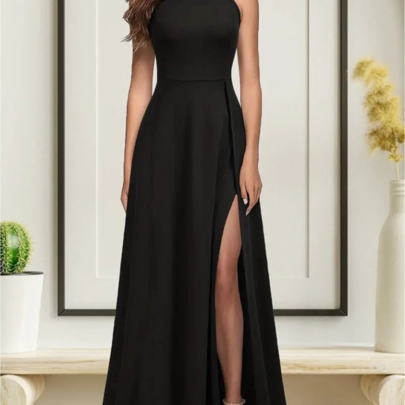 فستان سهرة طويل الأكمام من الكريبي المورد للنساء بفتحة عميقة من الكتف - alotasawkli