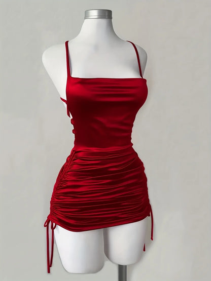 TEMU-Women's New Solid Color Lace-Up Drawstring Backless Suspender Dress - alotasawkli
