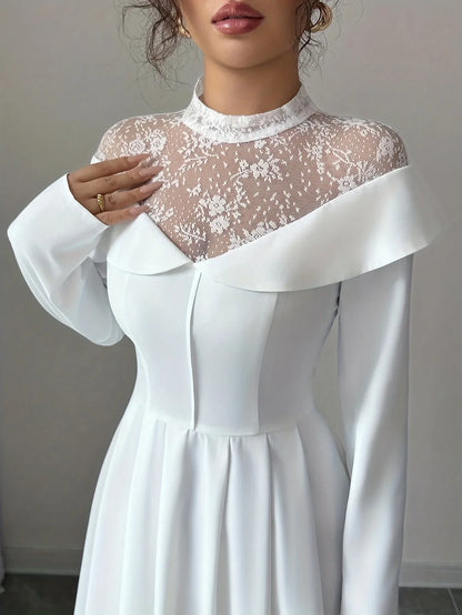 Elegant White A-Line Maxi Dress with Mesh Panel - alotasawkli