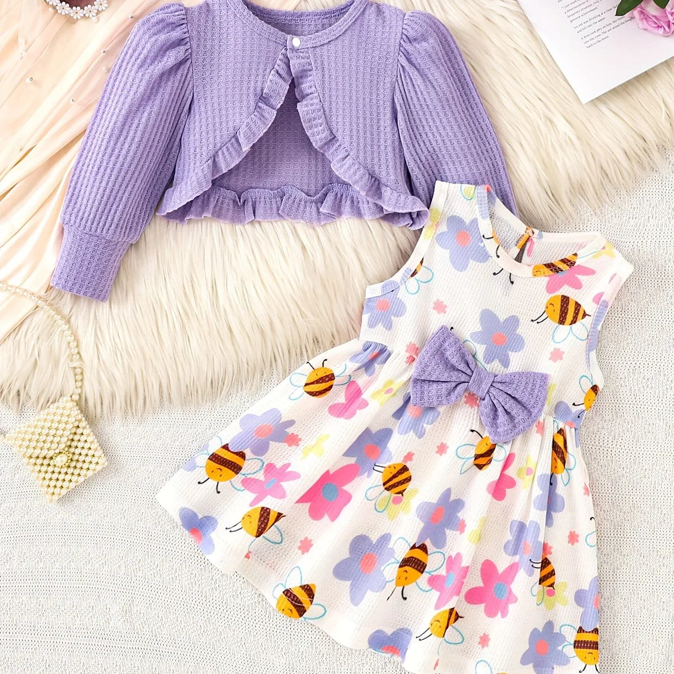 2pcs Autumn Winter Girl Purple Ruffle Jacket Button Decoration Bow Flower Little Bee Print Vest Dress, Suitable for Outdoor Play and Events, Casual Elegant, Fashionable Clothing, Perfect for Outdoor - alotasawkli