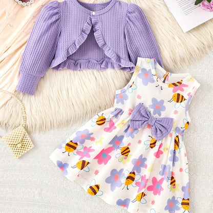 2pcs Autumn Winter Girl Purple Ruffle Jacket Button Decoration Bow Flower Little Bee Print Vest Dress, Suitable for Outdoor Play and Events, Casual Elegant, Fashionable Clothing, Perfect for Outdoor - alotasawkli