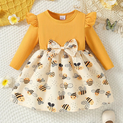 Children's Autumn Print Round Neck Cute Bee Bow Knee-Length Fashion Comfortable Dress - alotasawkli