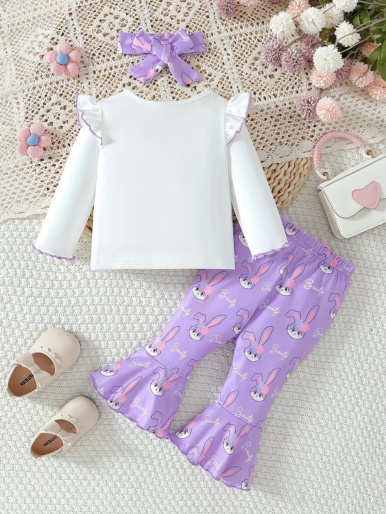 2pcs Cute Little Rabbits Baby Girls' Outfit | Autumn and Winter Small Flying Sleeve T-shirt and Flared Long Pants with Headwear, Suitable for Festival Wear, for Outdoor - alotasawkli
