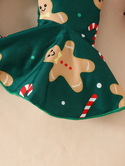 Three-Piece Set Featuring a Christmas Cartoon Embroidered Long-Sleeve Onesie with Flying Sleeves And Bell-Bottom Pants with a Bow, for Outdoor - alotasawkli