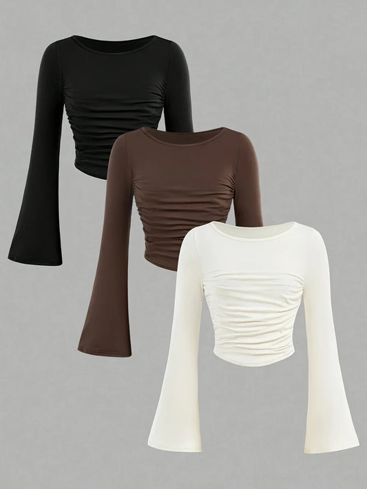 3pcs Girls' Long Sleeve Tops with Puff Sleeves - Slim Fit Side Pleated Hem, Stretchy Round Neck Blouses for Fall, Casual & Formal Outfits, Parties, Travel - alotasawkli