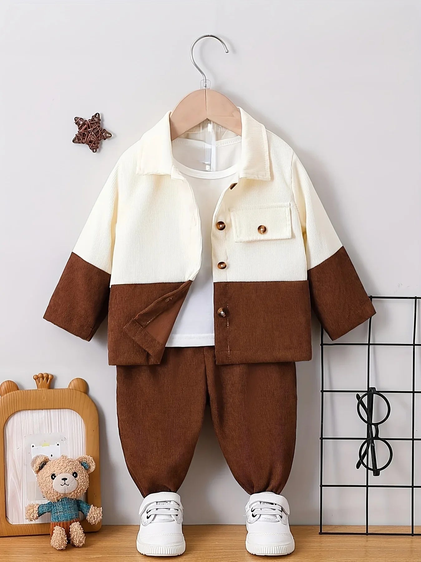 TEMU-Boys' Lapel Patchwork Shirt + Solid Color Shorts Two-Piece - alotasawkli
