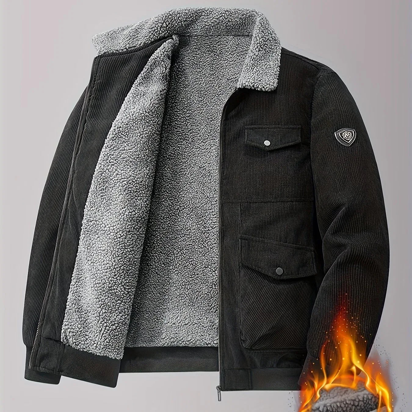 TEMU-Men's Fashion Black Corduroy Jacket with Plush Lining - alotasawkli