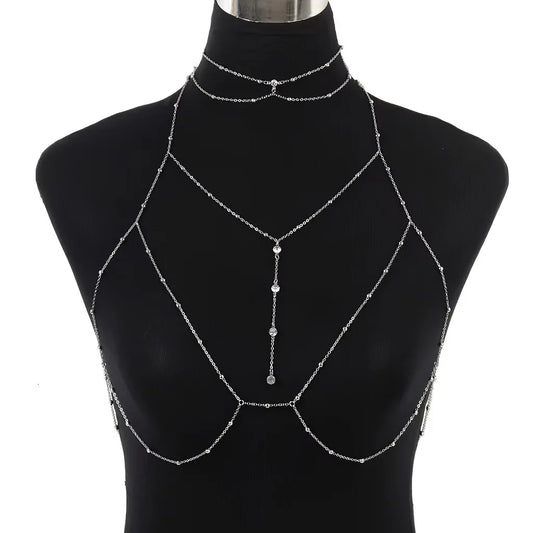 TEMU-Fashion Rhinestone Round Bead Necklace + Body Chain Set - alotasawkli