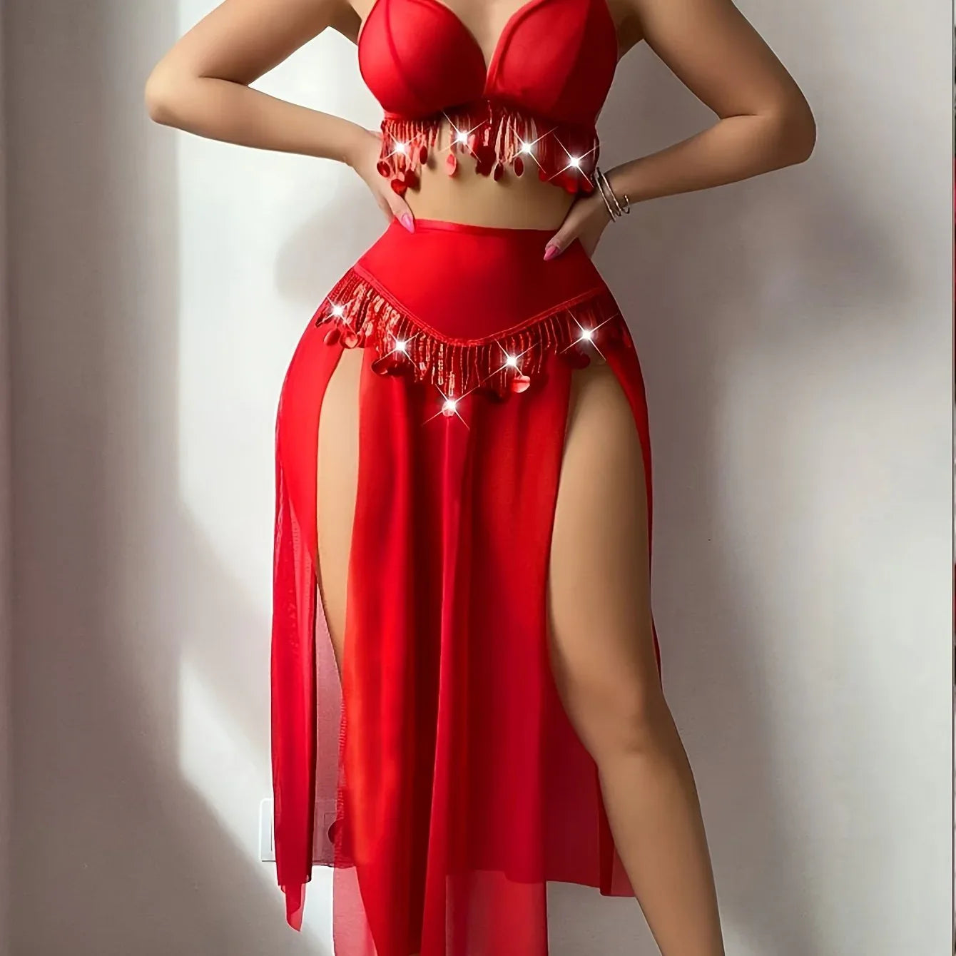 TEMU-Lace metal chain red sexy lingerie set - alotasawkli