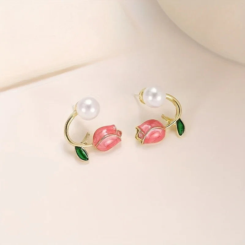 Elegant Boho-Chic Pink Tulip Stud Earrings - alotasawkli