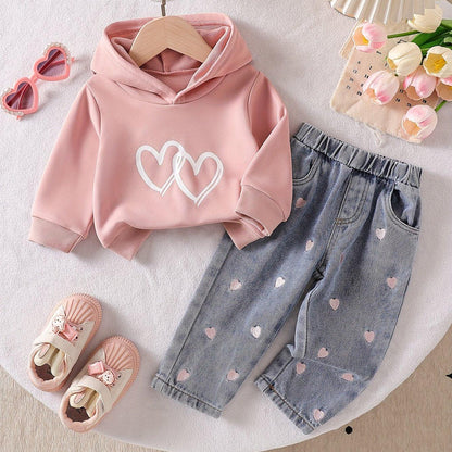 TEMU-2pcs Girls' Love Set: Pink Hooded Sweatshirt - alotasawkli