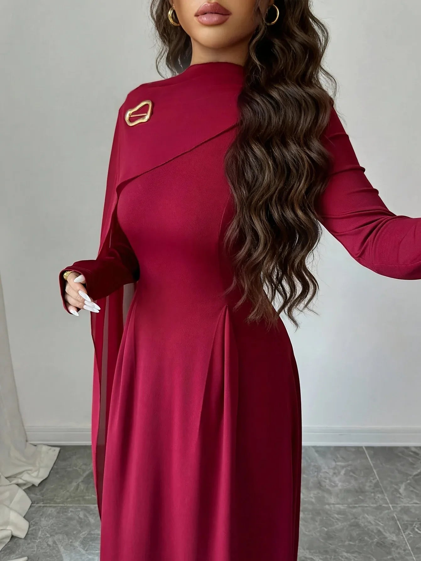TEMU-Elegant Long Dress with Mesh Panel and Stand Collar - alotasawkli