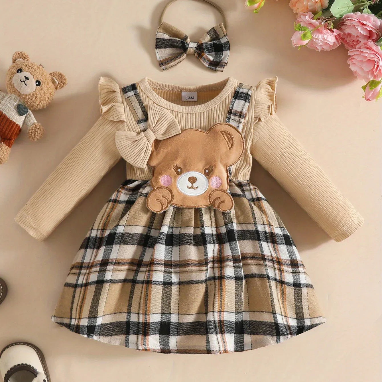 Adorable Bear Cub Long Sleeve Dress with Bow Headband - Pink and White Plaid Pattern, Ruffle Neckline, Midi Length, Perfect for Autumn/Winter, Toddler Dress, Winter Toddler Clothing, Soft Texture Apparel, the Best Gift for Your Baby - alotasawkli