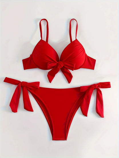 TEMU-Big Red Gathered Hard Pack Strap Bikini Set - alotasawkli