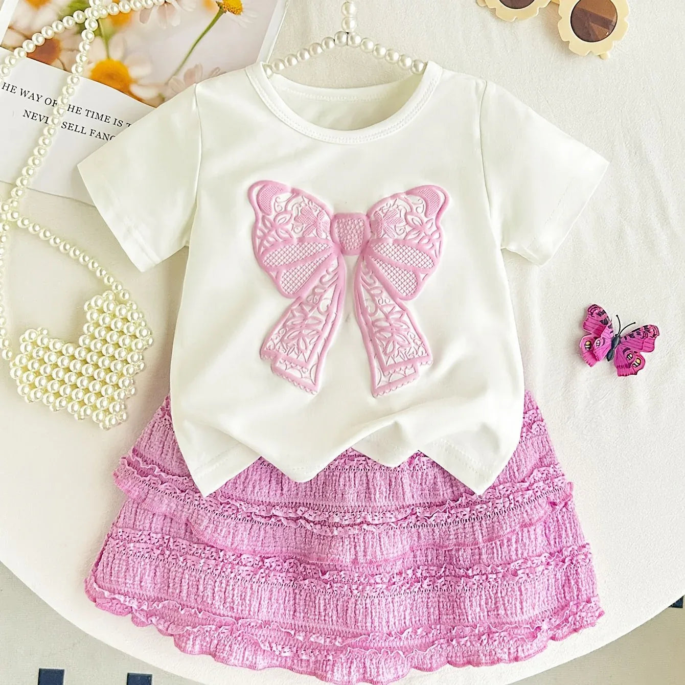 2pcs Summer Girls' Short Sleeve Round Neck Bow Top + Skirt Set with Embossed Butterfly Design, Casual and Cute for Outdoor Wear, Perfect for Outdoor - alotasawkli