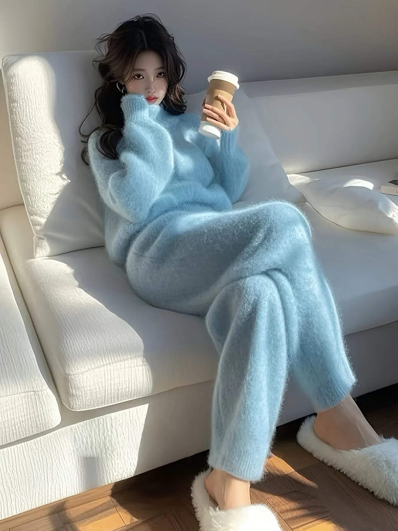 TEMU-Winter Fashionable and Elegant Blue Casual Sweater Two-Piece - alotasawkli