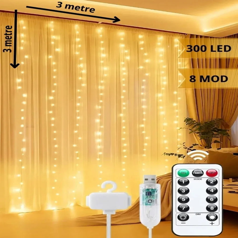 أضواء ستارة النافذة الزخرفية بـ8 أوضاع – سلسلة أضواء LED خرافية تعمل بالطاقة عبر USB مع جهاز تحكم عن بعد - alotasawkli