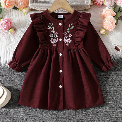 Adorable Long Sleeve Corduroy Dress for Little Girls - Floral Embroidery, Ruffled Sleeves, Polyester Blend, All-Season Casual Wear, Floral Embroidery Dress|Ruffled Sleeve Dress|Polyester Blend Dress - alotasawkli