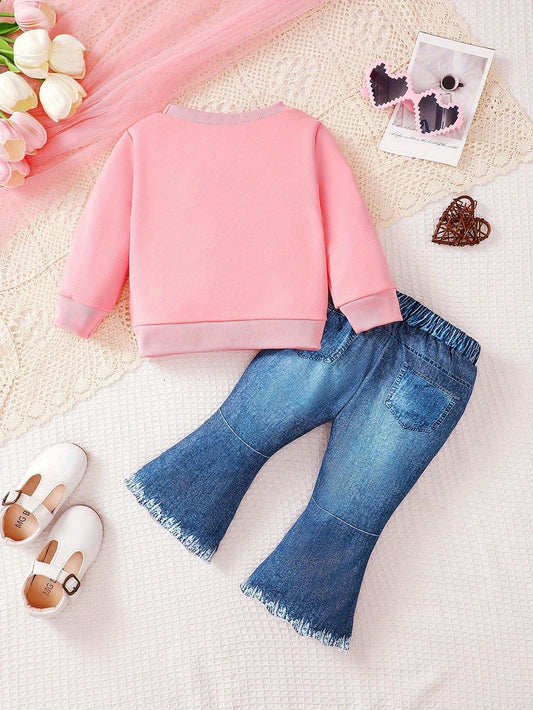 2pcs Baby Girls' Autumn Winter Casual Outfit Set - Letter Print Sweatshirt & Faux Denim Flared Pants, Cozy Warm Clothes for Toddlers, Long Sleeve Crew Neck Pullover with "Mama'S Girl" Design, for Outdoor - alotasawkli