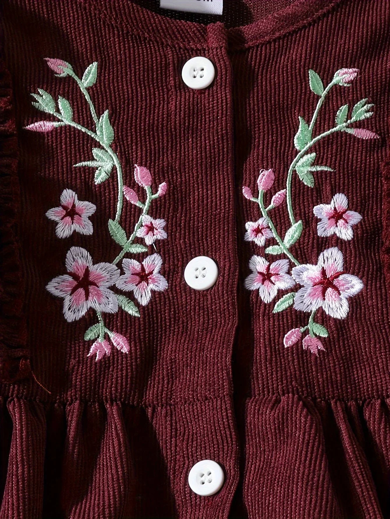 Adorable Long Sleeve Corduroy Dress for Little Girls - Floral Embroidery, Ruffled Sleeves, Polyester Blend, All-Season Casual Wear, Floral Embroidery Dress|Ruffled Sleeve Dress|Polyester Blend Dress - alotasawkli