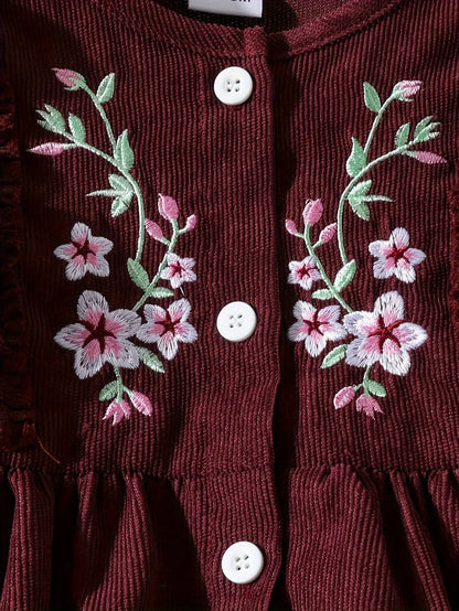 Adorable Long Sleeve Corduroy Dress for Little Girls - Floral Embroidery, Ruffled Sleeves, Polyester Blend, All-Season Casual Wear, Floral Embroidery Dress|Ruffled Sleeve Dress|Polyester Blend Dress - alotasawkli