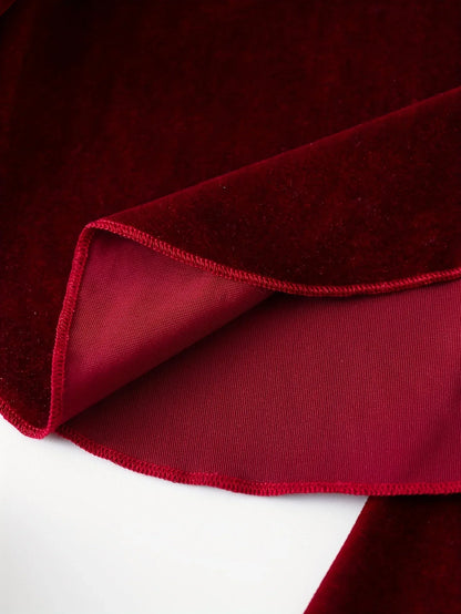 Girls' Red Velvet Solid Color Long Sleeve Set with 3D Bows | Preppy Style, Crew Neck, Regular Fit for Fall/Winter, for Outdoor - alotasawkli