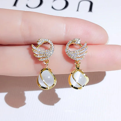 New Fashionable Swan Earrings, Trendy Cat'S Eye Studs from Korea - alotasawkli