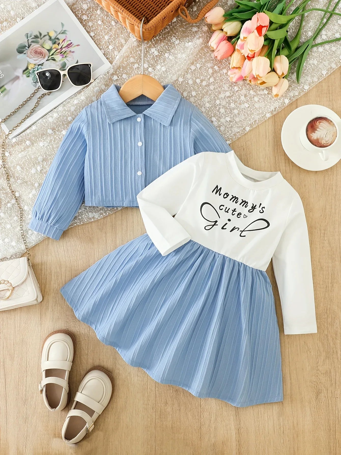 2pcs set: Girls' Letter Print Colour-blocked Round-neck Casual Dress with Solid-colour Pleated Lapel Jacket | Slight Stretch Fabric, Alphabets Pattern, Regular Fit, Suitable for Spring/Fall, for Outdoor - alotasawkli