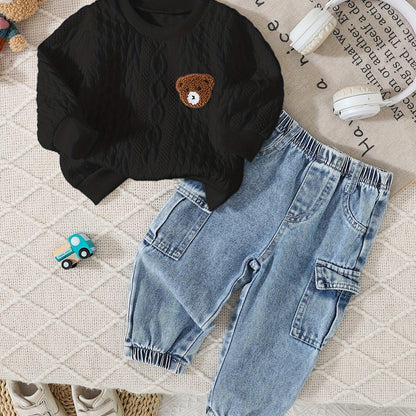 TEMU-2pcs Cute Set: Bear Patch Textured Round Neck - alotasawkli