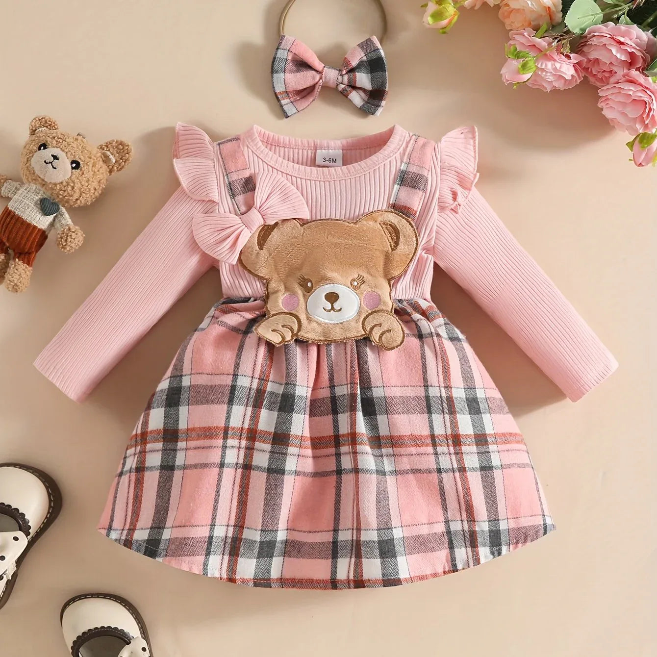Adorable Bear Cub Long Sleeve Dress with Bow Headband - Pink and White Plaid Pattern, Ruffle Neckline, Midi Length, Perfect for Autumn/Winter, Toddler Dress, Winter Toddler Clothing, Soft Texture Apparel, the Best Gift for Your Baby - alotasawkli