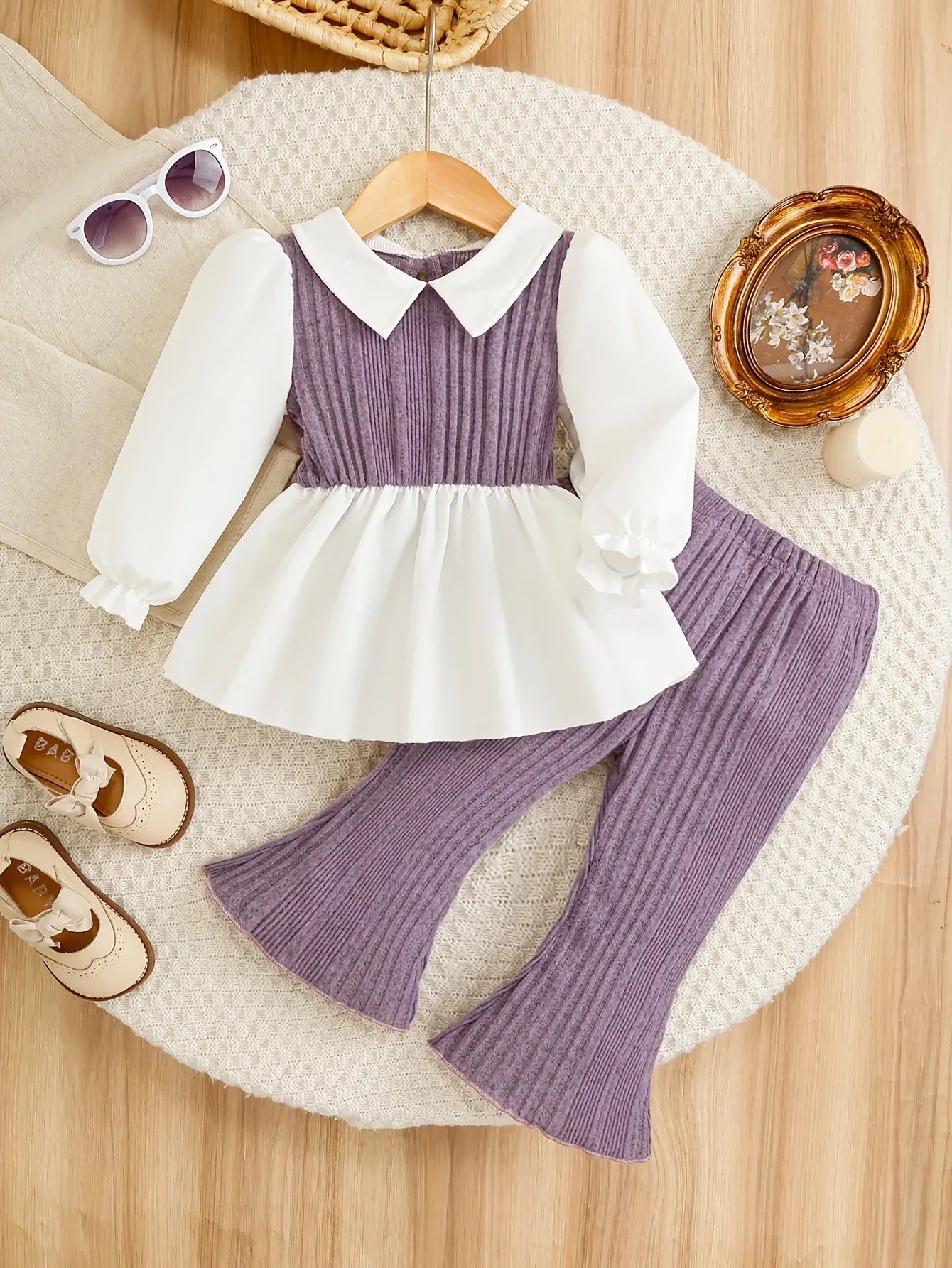 Knitted Girls' Set with Lapel Spliced Top + Flared Pants, Baby Spring/Autumn Stylish Sweet Two-Piece Set, Perfect for Outdoor - alotasawkli