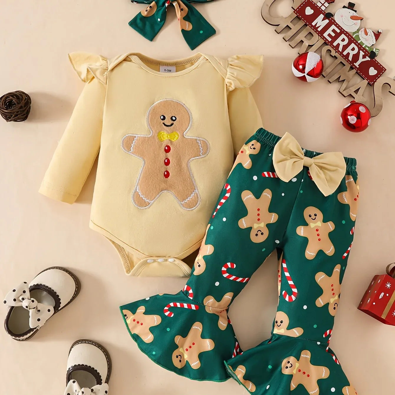 Three-Piece Set Featuring a Christmas Cartoon Embroidered Long-Sleeve Onesie with Flying Sleeves And Bell-Bottom Pants with a Bow, for Outdoor - alotasawkli