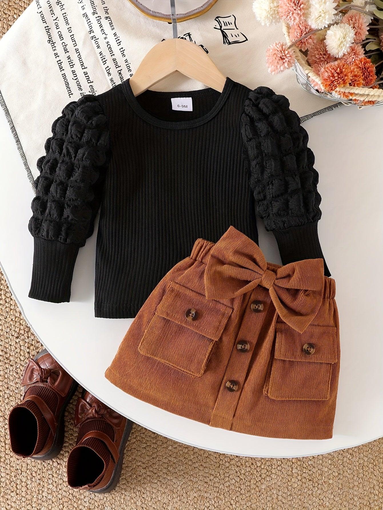 2pcs ' & Doll Dress Set - Cute Bow-Adorned Bubble Sleeve Smock Dress with A-Line Skirt & Matching Pocket Shorts-like Bottom, Spring/Fall Outfit (Hand Washable), Perfect for Outdoor - alotasawkli