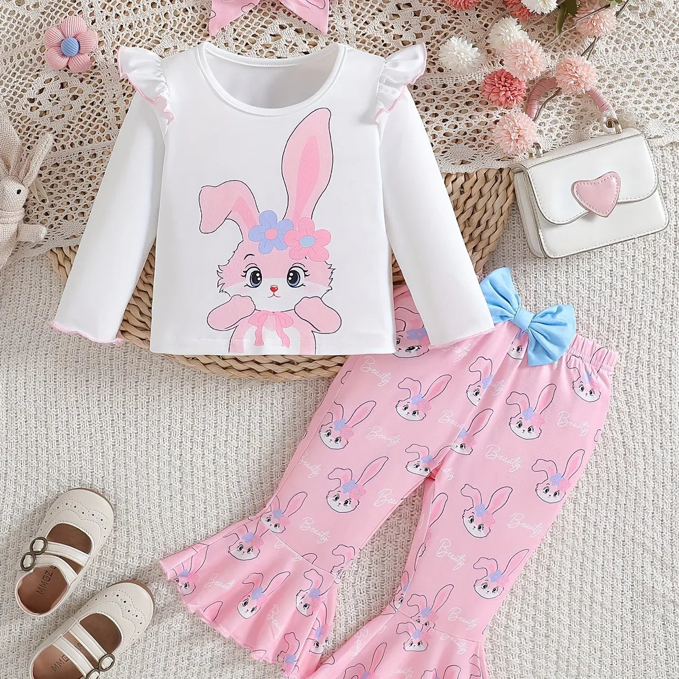 2pcs Cute Little Rabbits Baby Girls' Outfit | Autumn and Winter Small Flying Sleeve T-shirt and Flared Long Pants with Headwear, Suitable for Festival Wear, for Outdoor - alotasawkli