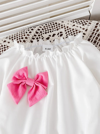 Girls' Autumn/Winter Oversized Bow Top + Four Bow Long Pants Set with Ruffled Collar, Sweet Princess Style, Warm, Perfect for Outdoor - alotasawkli