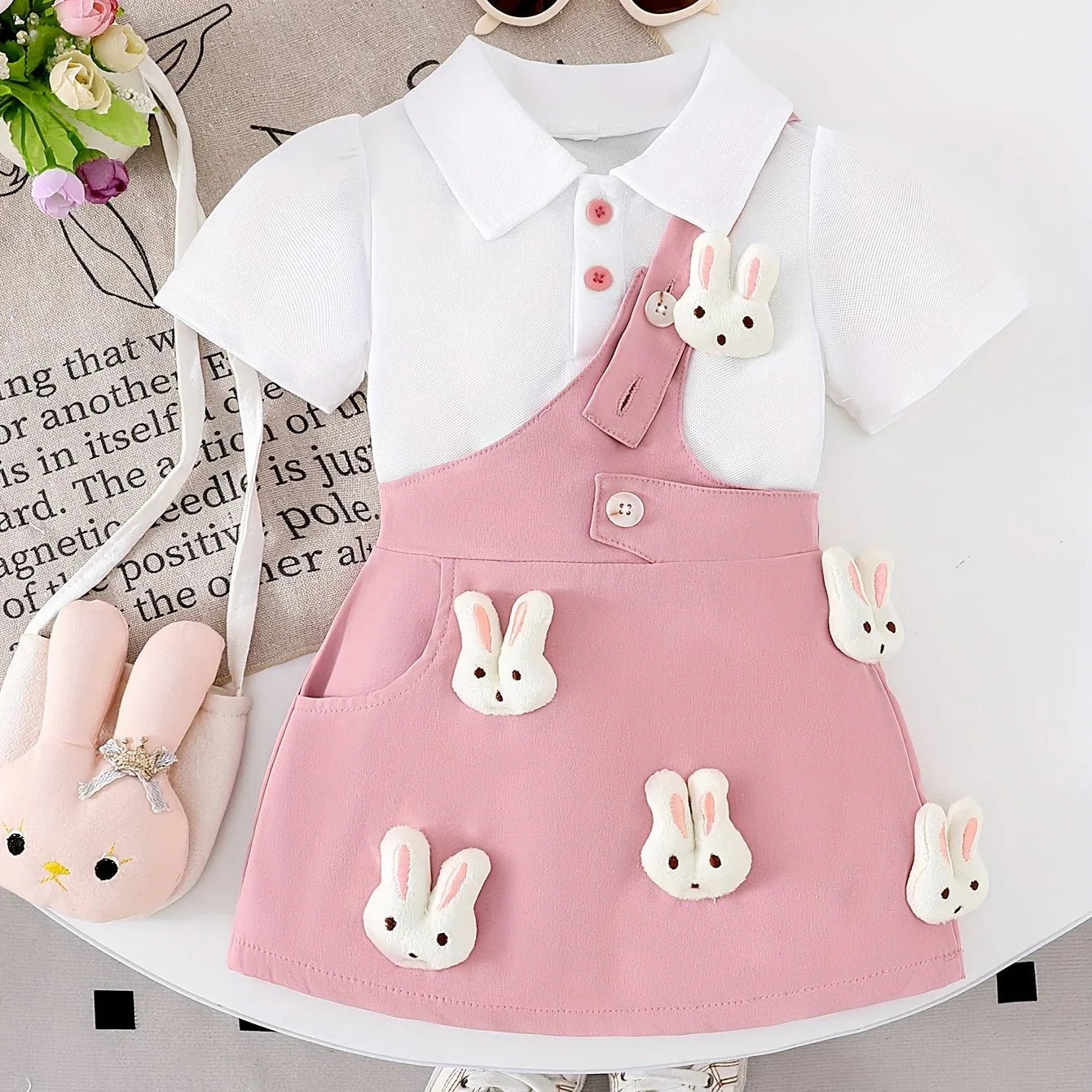 Girls' Pure White Knit Short-Sleeve Top + Stylish Bunny Strap Skirt Set, Perfect for Outdoor - alotasawkli