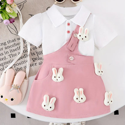 Girls' Pure White Knit Short-Sleeve Top + Stylish Bunny Strap Skirt Set, Perfect for Outdoor - alotasawkli