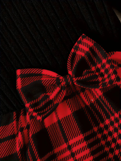 A Long-Sleeved Dress for Girls Featuring a Checkered Pattern And a Bow Decoration with Flutter Sleeves - alotasawkli