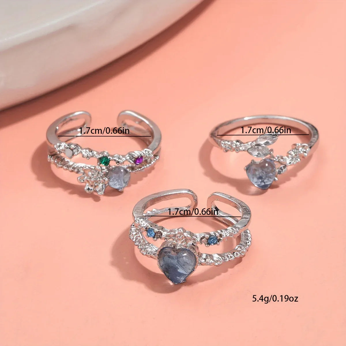 3pcs Sea Blue Heart Moonlight Open Ring Set for Women - alotasawkli