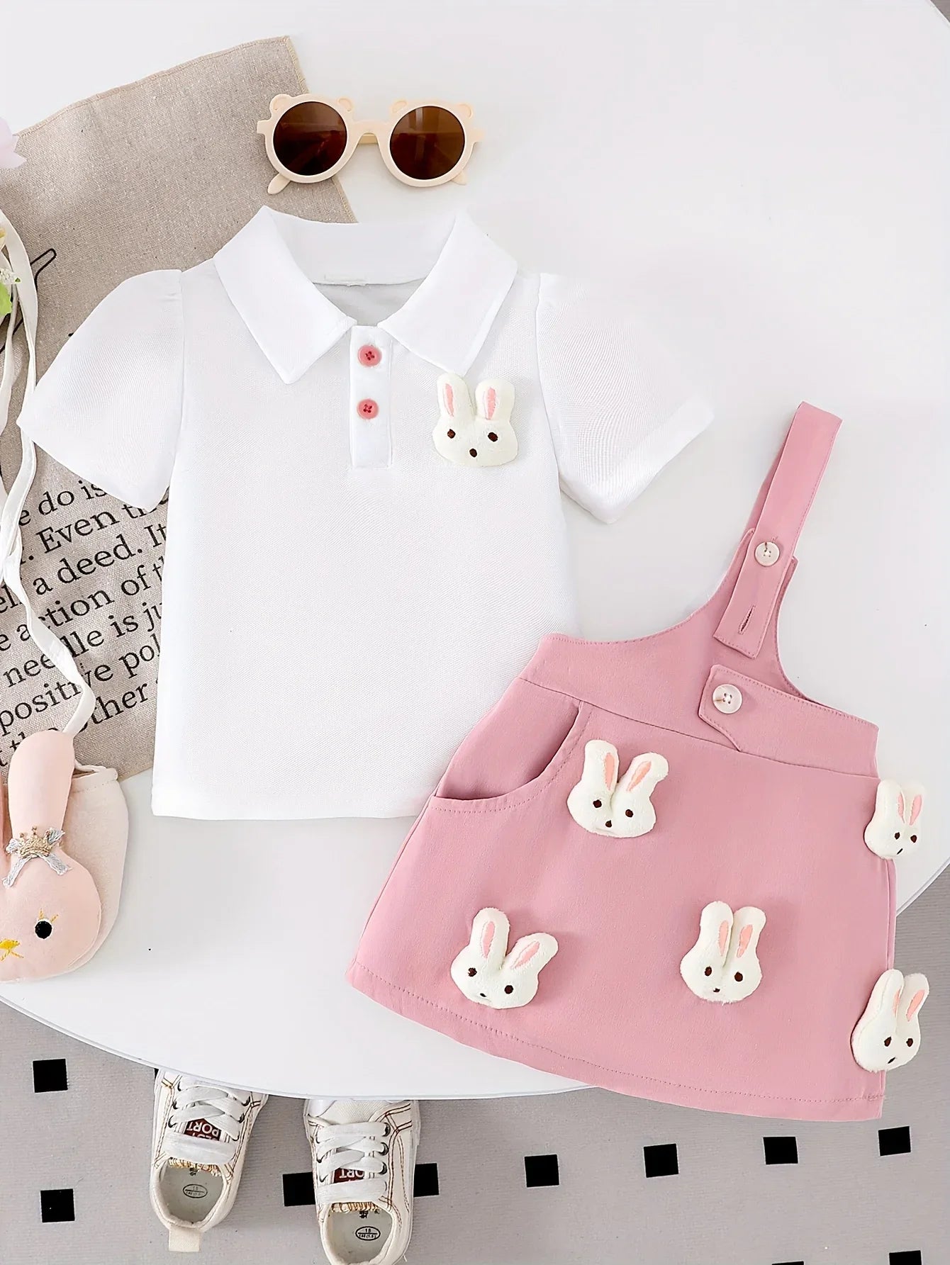 Girls' Pure White Knit Short-Sleeve Top + Stylish Bunny Strap Skirt Set, Perfect for Outdoor - alotasawkli