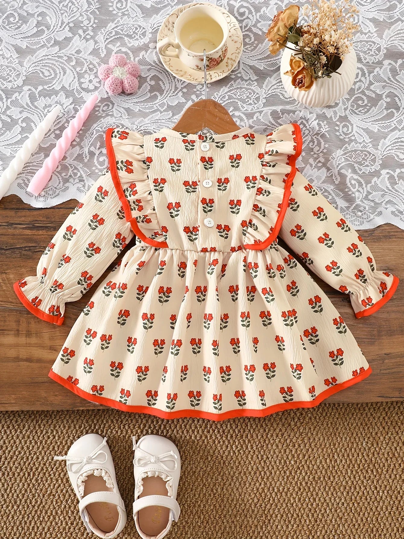 Baby Girl Floral Dress Set | Beige with Red Rose Print, Red Ruffle Trim Bell Sleeves, Cute and Sweet All-season Outfit - alotasawkli