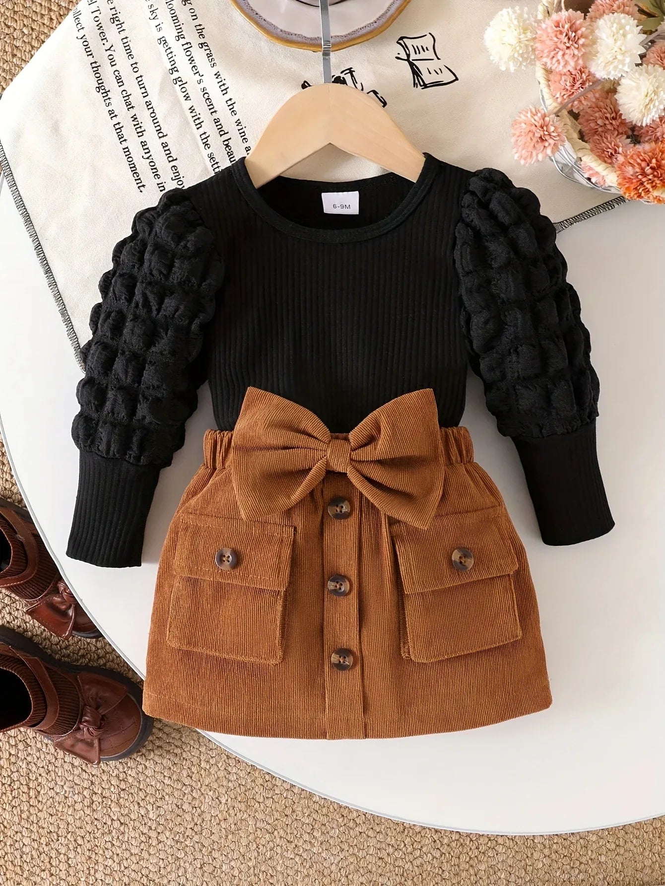 2pcs ' & Doll Dress Set - Cute Bow-Adorned Bubble Sleeve Smock Dress with A-Line Skirt & Matching Pocket Shorts-like Bottom, Spring/Fall Outfit (Hand Washable), Perfect for Outdoor - alotasawkli
