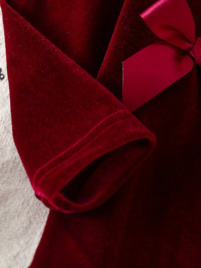 Girls' Red Velvet Solid Color Long Sleeve Set with 3D Bows | Preppy Style, Crew Neck, Regular Fit for Fall/Winter, for Outdoor - alotasawkli
