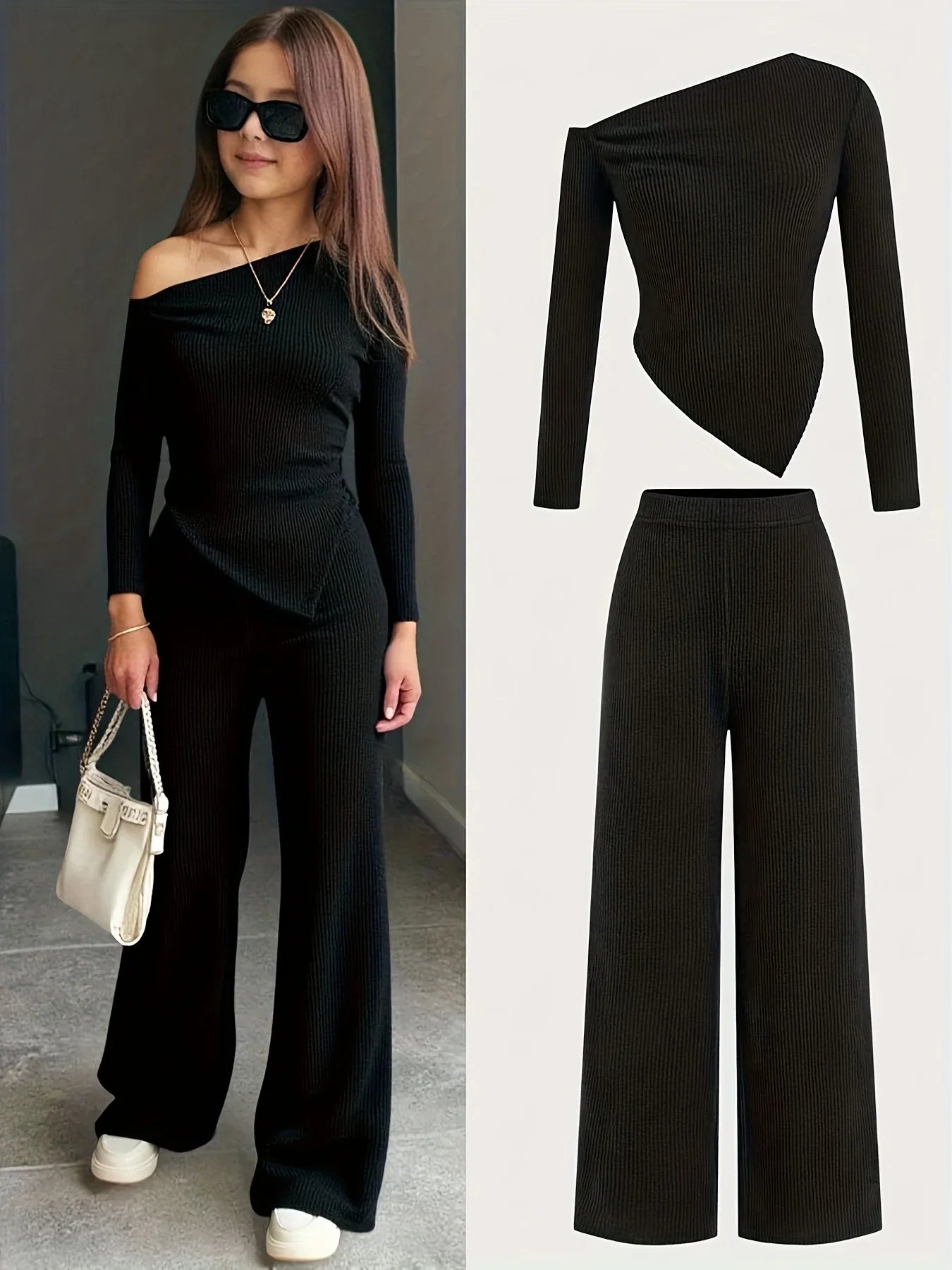 TEMU-2pcs Teen Girl Casual Knit Asymmetrical Neck T-Shirt + Wide-Leg Pants - alotasawkli