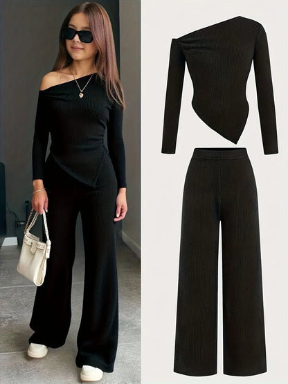 TEMU-2pcs Teen Girl Casual Knit Asymmetrical Neck T-Shirt + Wide-Leg Pants - alotasawkli