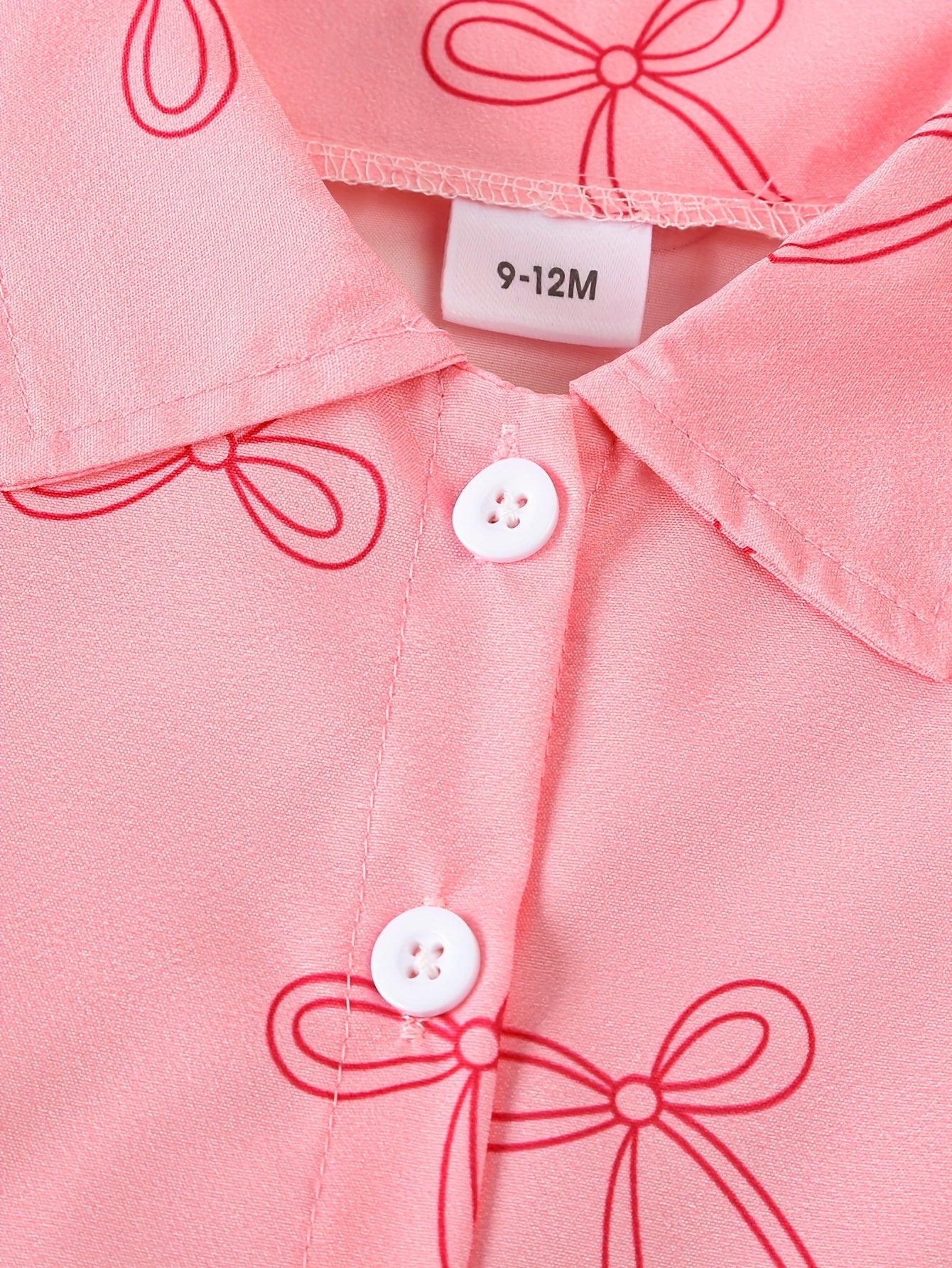 Little Girl's Cute Pink Bow Blouse + Long Pants with Decorative Bows, Perfect for Outdoor - alotasawkli