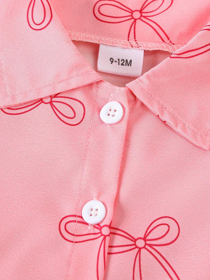 Little Girl's Cute Pink Bow Blouse + Long Pants with Decorative Bows, Perfect for Outdoor - alotasawkli