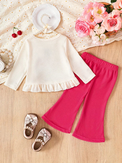 2pcs Girls' Cherry Pattern Ruffle Trim Long Sleeve Top and Flared Casual Pants Set, Perfect for Autumn and Winter, Suitable for Daily, Travel, and Outing Wear, Perfect for Outdoor - alotasawkli