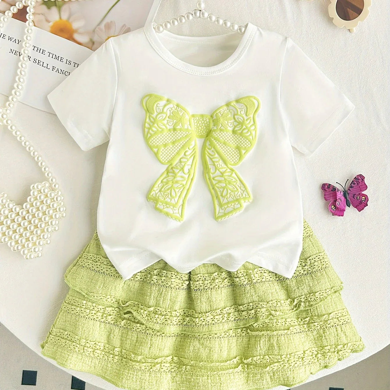 2pcs Summer Girls' Short Sleeve Round Neck Bow Top + Skirt Set with Embossed Butterfly Design, Casual and Cute for Outdoor Wear, Perfect for Outdoor - alotasawkli